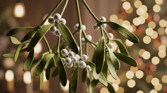 Elegance of mistletoe hanging amidst blurred festive illumination, evoking holiday cheer and
