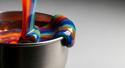 Colorful viscous liquid being poured into a metal cup, creating a vibrant overflow of blended hues.