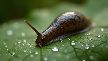 slug trails on leaves. dew drops on green foliage. ultra realistic nature photography. close-up of a slug on a leaf.