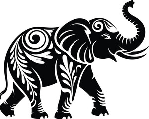 Obraz premium Elephant silhouette, floral elephant tattoo, tribal animal design, ornamental wildlife art, ethnic nature symbol, black ink pattern, decorative cultural illustration