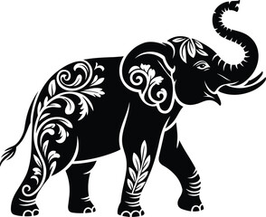 Elephant silhouette, tribal elephant design, floral pattern art, ornamental animal tattoo, ethnic wildlife illustration, black ink motif, decorative nature symbol