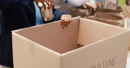 Hands, person and packing box for donation of community service with humanitarian support. Volunteer, cardboard or food drive with essential supplies, charity outreach and aid distribution of poverty