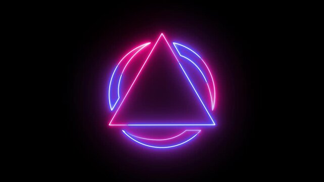 Dynamic neon glowing outline of a triangle nested within a circular shape, illuminated with bright pink and blue electric light, representing digital art and futuristic design