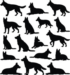 German Shepherd silhouette, dog pose collection, black canine icons, pet movement design, animal graphic, loyal breed art, guard dog illustration