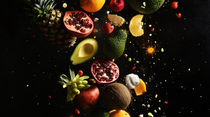 A vibrant cascade of fresh fruits and vegetables, including pomegranate, avocado, pineapple, and orange, frozen in midair against a dark background