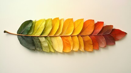 A single leaf artfully arranged with its segments displaying a gradient of colors from deep green to vibrant red, set against a plain light background