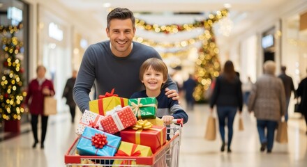 Man and child pushing a shopping cart full of gift boxes in a mall setting. Holiday shopping concept for Christmas season.