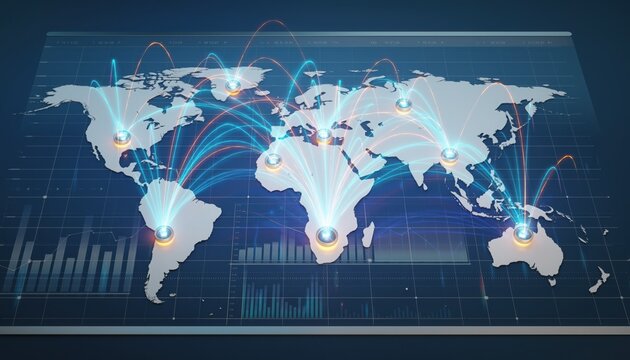 Global Network: A digital representation of worldwide connectivity, symbolizing international collaboration and interconnectedness across the globe.