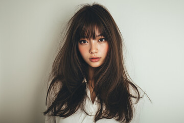 Naklejka premium ロングヘアの女性、ヘアカラー、ココアブラウン、前髪