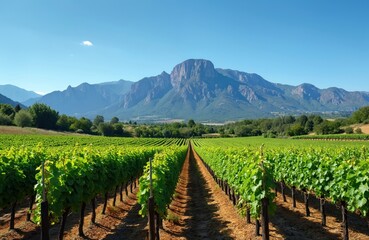 Fototapeta premium Vineyard landscape view at sunny day. Rows of grape plants with green leaves at agriculture field. Scenic mountains ridge at horizon and blue sky above. Eco farming industry.