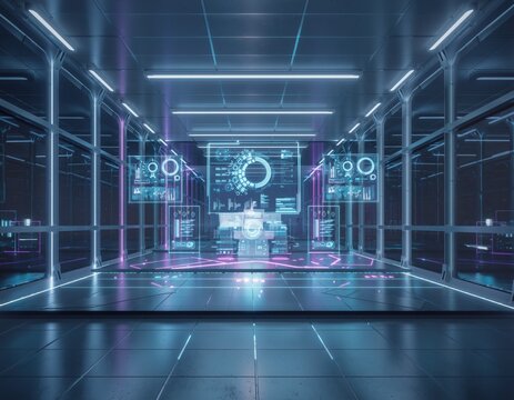 Cyber Command Center: An immersive view of a futuristic command center, the image projects a symphony of technology and data, a hub of sophisticated control and innovative design.