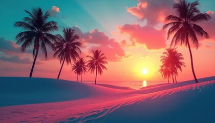 Fototapeta premium Vibrant tropical sunset paints sky with pink, orange, blue colors. Palm trees silhouette against glowing sun. Sand dunes reflect colorful light by calm ocean shore. Peaceful summer scene offers