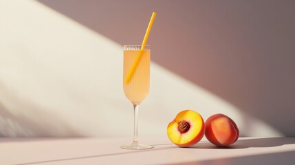 A refreshing peach cocktail with a yellow straw sits next to two ripe peaches, one halved, on a white surface with dramatic sunlight casting shadows