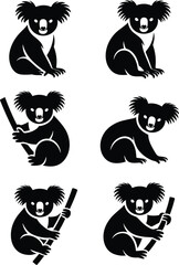 Koala silhouette, tree pose illustration, black animal icons, wildlife graphic design, Australian marsupial art, nature symbol, cute pet artwork