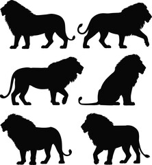Lion silhouette, majestic animal icons, black wildlife graphic, standing pose design, sitting lion artwork, nature symbol, predator illustration, safari theme