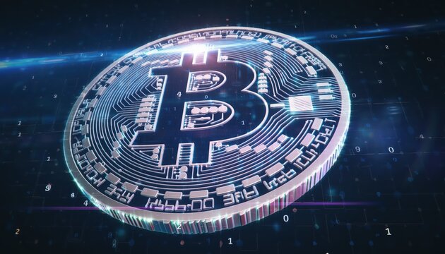 Digital Bitcoin Symbol: a stunning, high-resolution visual of a bitcoin, showcasing the intricate details of the virtual currency against a backdrop of digital space.