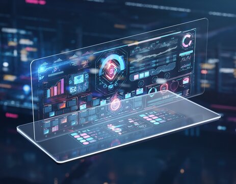 Digital Display Interface: A futuristic digital interface, showcasing intricate data visualizations and interactive controls, set against a backdrop of a blurred cityscape.