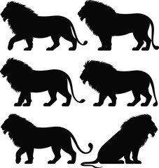 Lion silhouette, walking pose collection, black animal icons, majestic wildlife design, predator stance, nature symbol, safari artwork, feline illustration