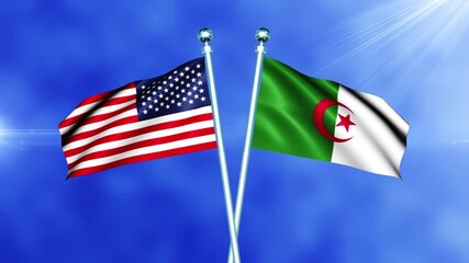 USA and Algeria Flag Waving On Pole Loop