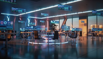 Modern Trading Office: Inside a sleek, modern trading office with multiple monitors displaying dynamic data, desks are set in a clean and organized manner.