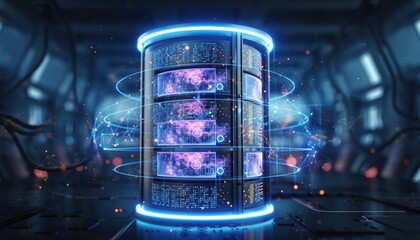 Digital Nexus: An immersive visualization of cutting-edge server technology, the image reveals a data server humming with digital activity, bathed in a network of glowing light.
