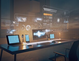 Advanced Tech Workspace: The cutting-edge workspace features various digital interfaces, from laptop to smartphones, augmented by translucent displays. Illuminated by a calming glow.