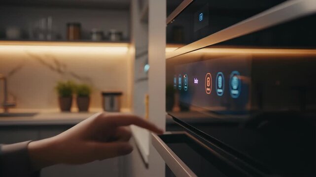 a person (Hispanic female) using a touchscreen on a smart oven to select a cooking setting, focused on the finger press and digital interface. Kitchen automation, recipe selection.