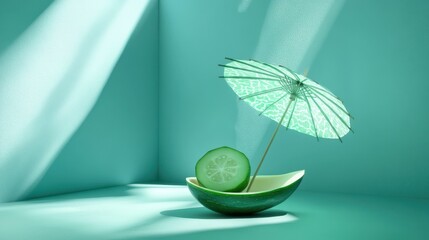 A slice of cucumber with a small green umbrella, floating in a bowl, with light rays and bubbles in a turquoise room