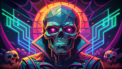A skull with glowing eyes and neon halloween background
