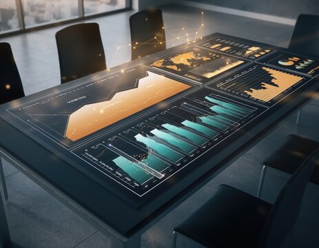 Tech-Infused Boardroom: An innovative boardroom table displays a wealth of financial data, charts, and diagrams. Illuminating an era of data-driven decision-making and business analytics. - Powered by Adobe