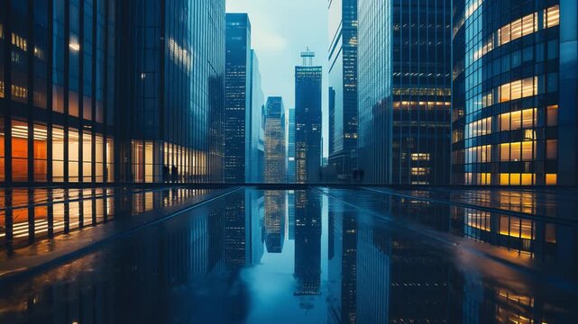 Modern city skyscrapers reflecting in wet pavement at night