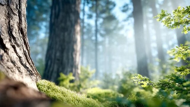 Sunlit Forest Serenity: A majestic tree stands sentinel in a lush, sun-drenched forest, its textured bark contrasting with the soft green of the moss and foliage.