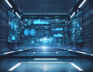 Futuristic Data Interface: A mesmerizing digital display glows with intricate data visualizations, illuminating a high-tech interior, exuding a sense of innovation and technological advancement.