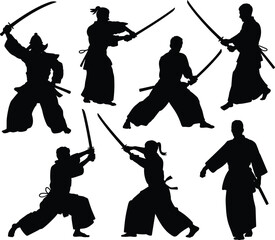 Samurai silhouette, katana warrior pose, Japanese martial art, combat stance design, traditional fighter icon, black graphic, bushido spirit illustration