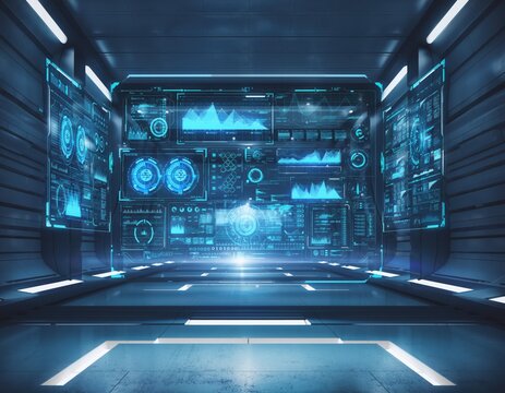 Futuristic Data Interface: A mesmerizing digital display glows with intricate data visualizations, illuminating a high-tech interior, exuding a sense of innovation and technological advancement.
