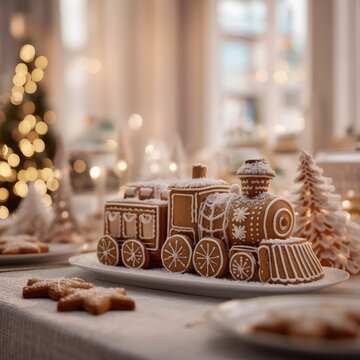 close-up of delicious gingerbread Christmas in shape of Christmas polar express train decorated with royal sugar icing 