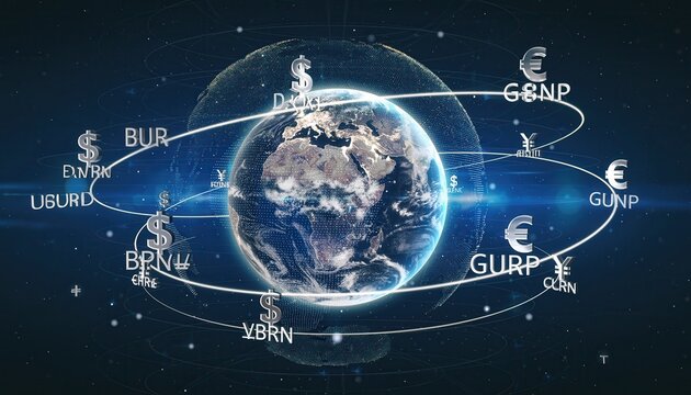 Global Currency Flow: A mesmerizing visualization of global currency circulation, with money symbols orbiting the earth. Expressing international economics and financial interconnectedness.