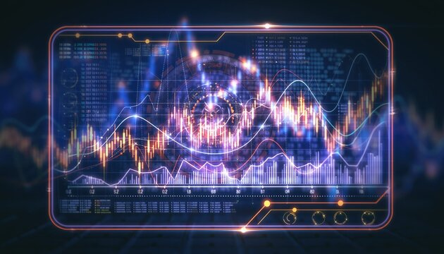 Digital Financial Chart Display: An intricate digital display showcases dynamic financial charts and graphs, indicating market trends and data analysis.