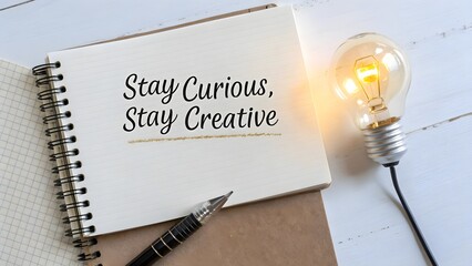 Overhead view of a light bulb beside a sketchbook with a quote