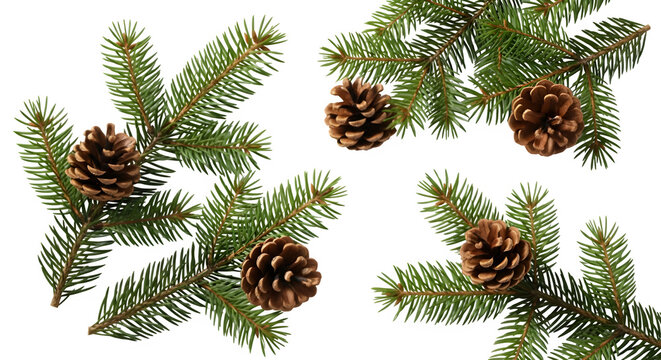 Five realistic pine cones attached to evergreen fir tree branches with needles isolated on transparent background