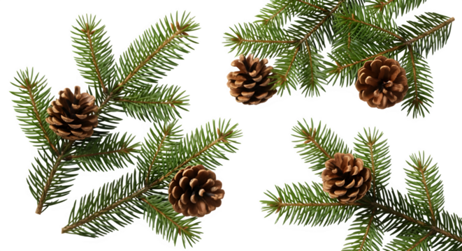 Five realistic pine cones attached to evergreen fir tree branches with needles isolated on transparent background