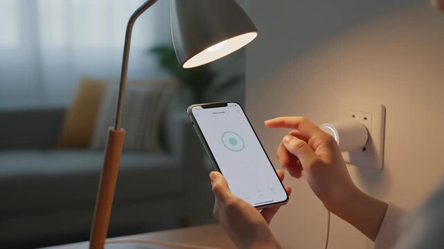 Close-up on the hand of a person plugging a lamp into a small smart plug, then using a phone app to instantly toggle the power on and off. 