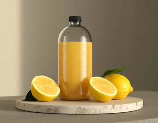 A clear glass bottle filled with bright yellow citrus juice sits on a wooden board with fresh lemons