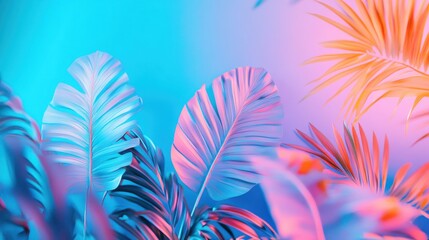 Lush tropical palm leaves illuminated with vibrant neon pink, blue, and orange light, creating a futuristic, exotic atmosphere