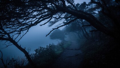 Mysterious Foggy Path: A hauntingly beautiful trail winds through an ethereal forest shrouded in a thick layer of fog, evoking a sense of mystery and introspection.