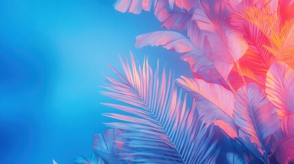 Closeup of exotic, colorful tropical leaves in shades of blue, pink, and orange, with a soft focus and a dreamy, vibrant glow