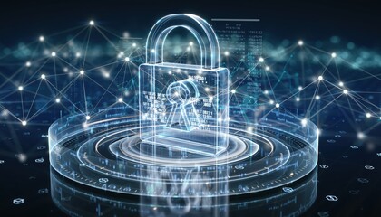 Cyber Security Lock: A digital padlock, bathed in blue light, symbolizes online security and data protection, with interconnected network nodes in the background.