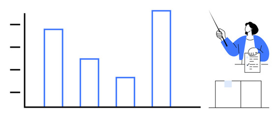 Person presenting analysis with a bar graph, paper report, and pointer. Ideal for education, business strategy, analytics, research, data communication, marketing insights simple flat metaphor