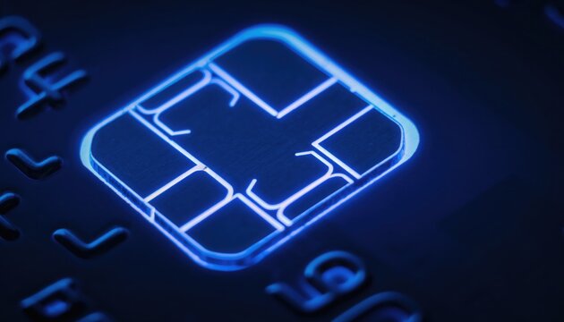 Macro Credit Card Chip: An up-close macro shot of a credit card's embedded microchip, symbolizing secure digital transactions and modern financial technology. The cool.