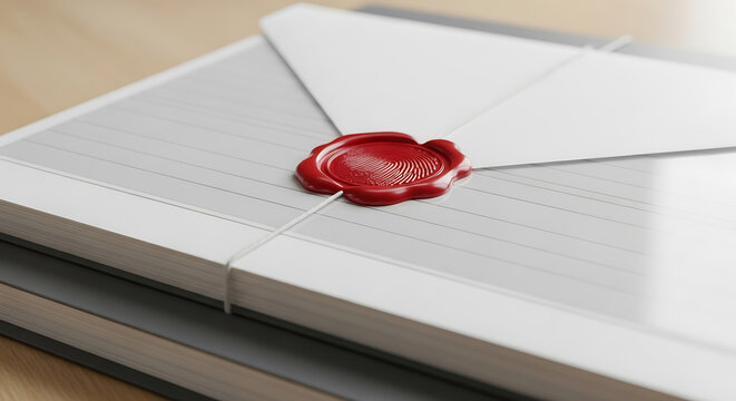 Classic letter envelope closed with red wax seal for confidentiality and privacy with lined paper